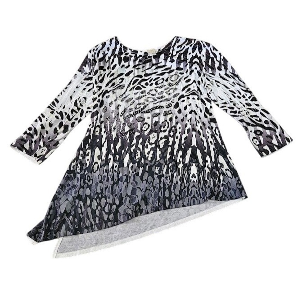 Jess & Jane Black Cheetah Asymmetrical Tunic Top Large Rhinestone Artsy Shirt